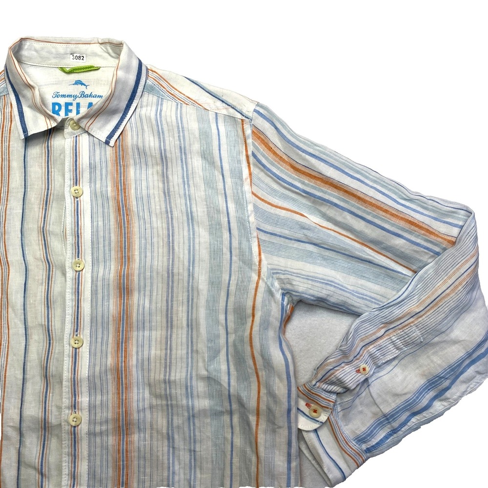 Tommy Bahama Shirt Mens 2XL White Long Sleeve Linen Stripe Button Up